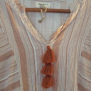 Cost Plus World Market Striped Tan and White Long Sleeve Dress